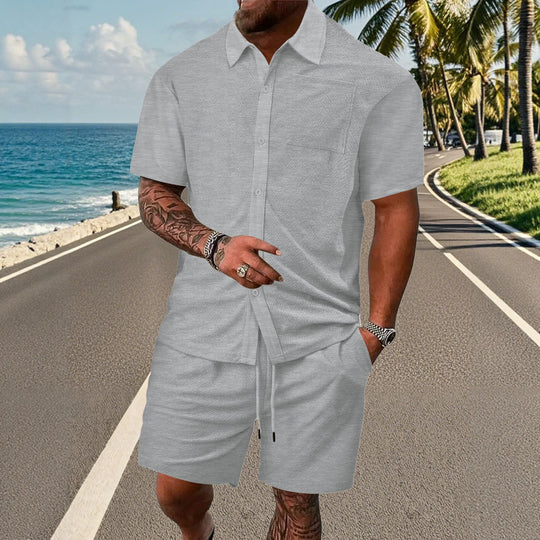 Herren nan durchgeknöpftes Freizeitset mit Hemdkragen Fischgrätstruktur Brusttasche und Kordelzug-Bermuda EB