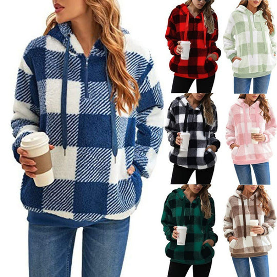 Damen kuschelige Karo-Hoodiejacke mit Reißverschluss und Kängurutasche EB