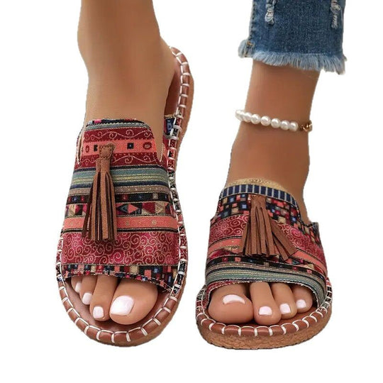 Damen Clogs mit buntem, geflochtenem Design und modischen Quasten EB