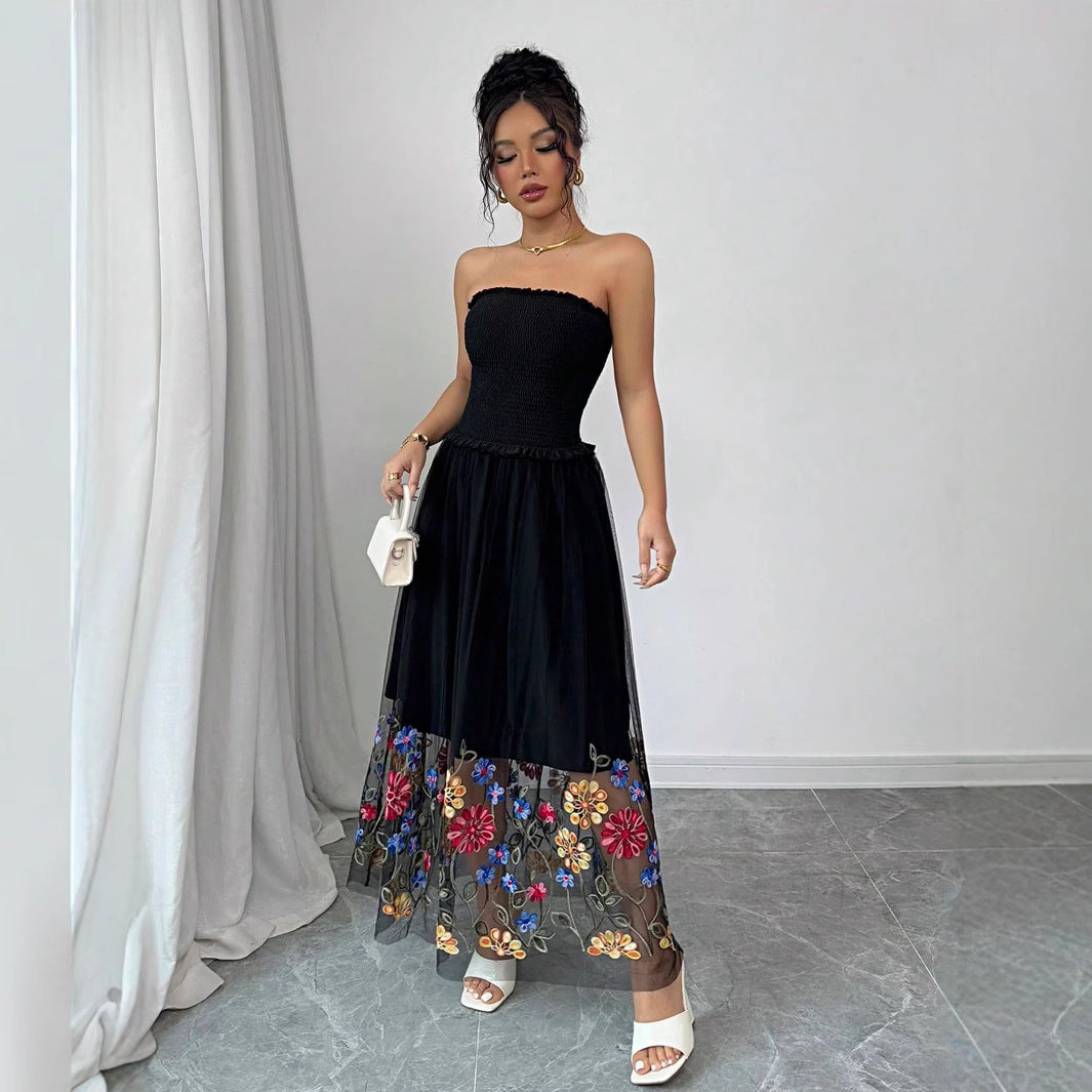 Damen Maxi-Kleid mit floralem Tüllsaum und elastischem Oberteil EB