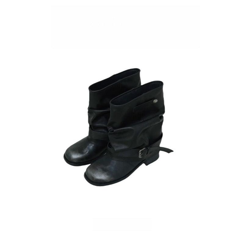 Damen Biker-Stiefel mit lässig geschlagenem Schaft, Schnallenriemen und niedrigem Blockabsatz EB