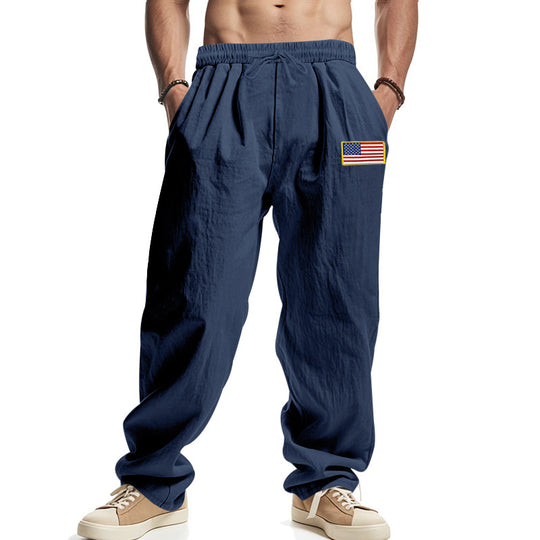 Herren Locker sitzende Freizeit-Hose im Leinen-Look mit elastischem Bund, Kordelzug & Flaggenpatch EB