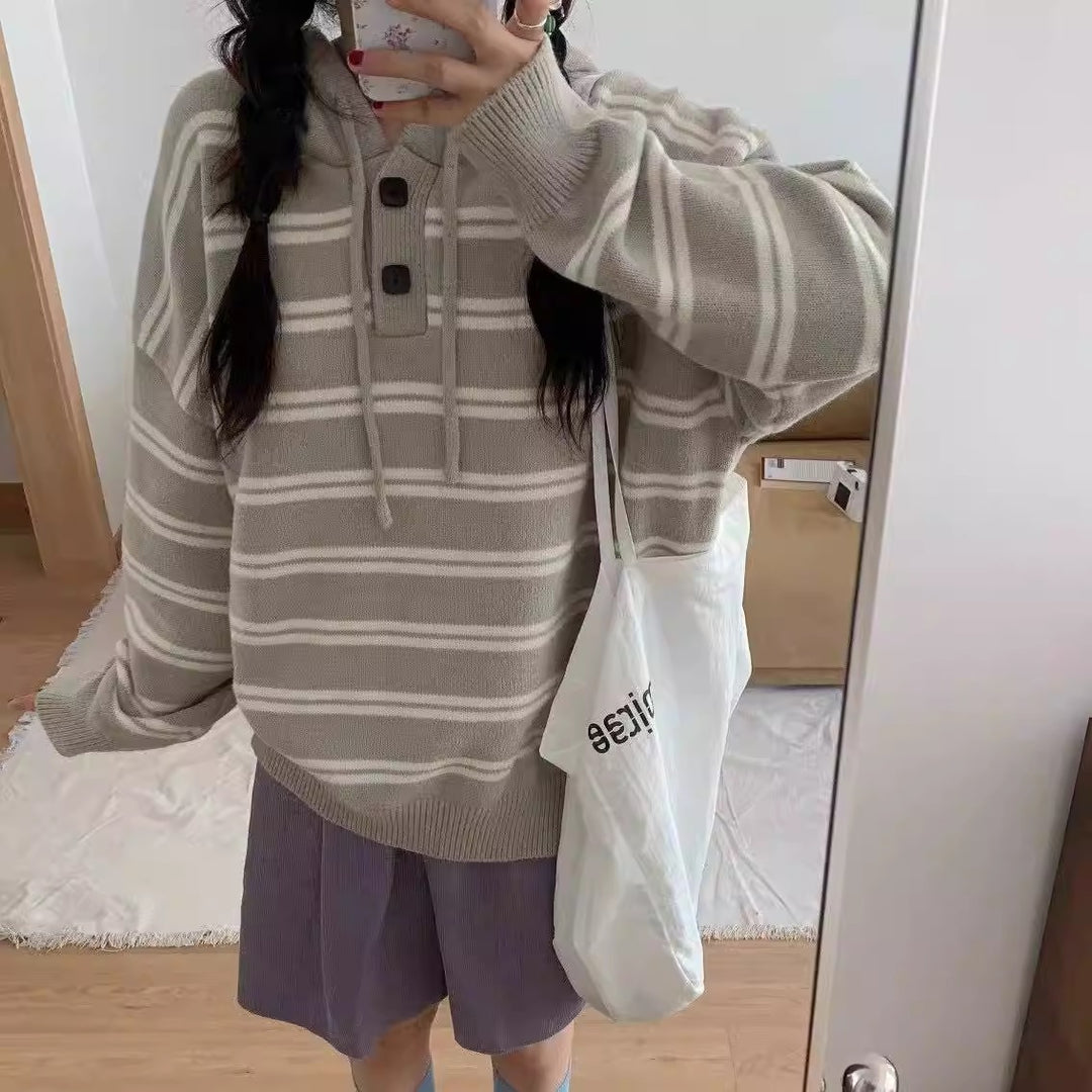 Damen lässiger Streifenpullover mit Knopfleiste und Kapuze EB