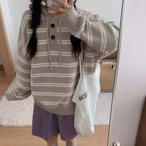 Damen lässiger Streifenpullover mit Knopfleiste und Kapuze EB