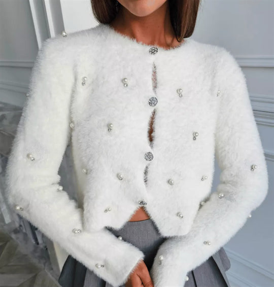Damen Flauschiger kurzgeschnittener Perlen-Cardigan mit strassbesetzten Schmuckknöpfen EB
