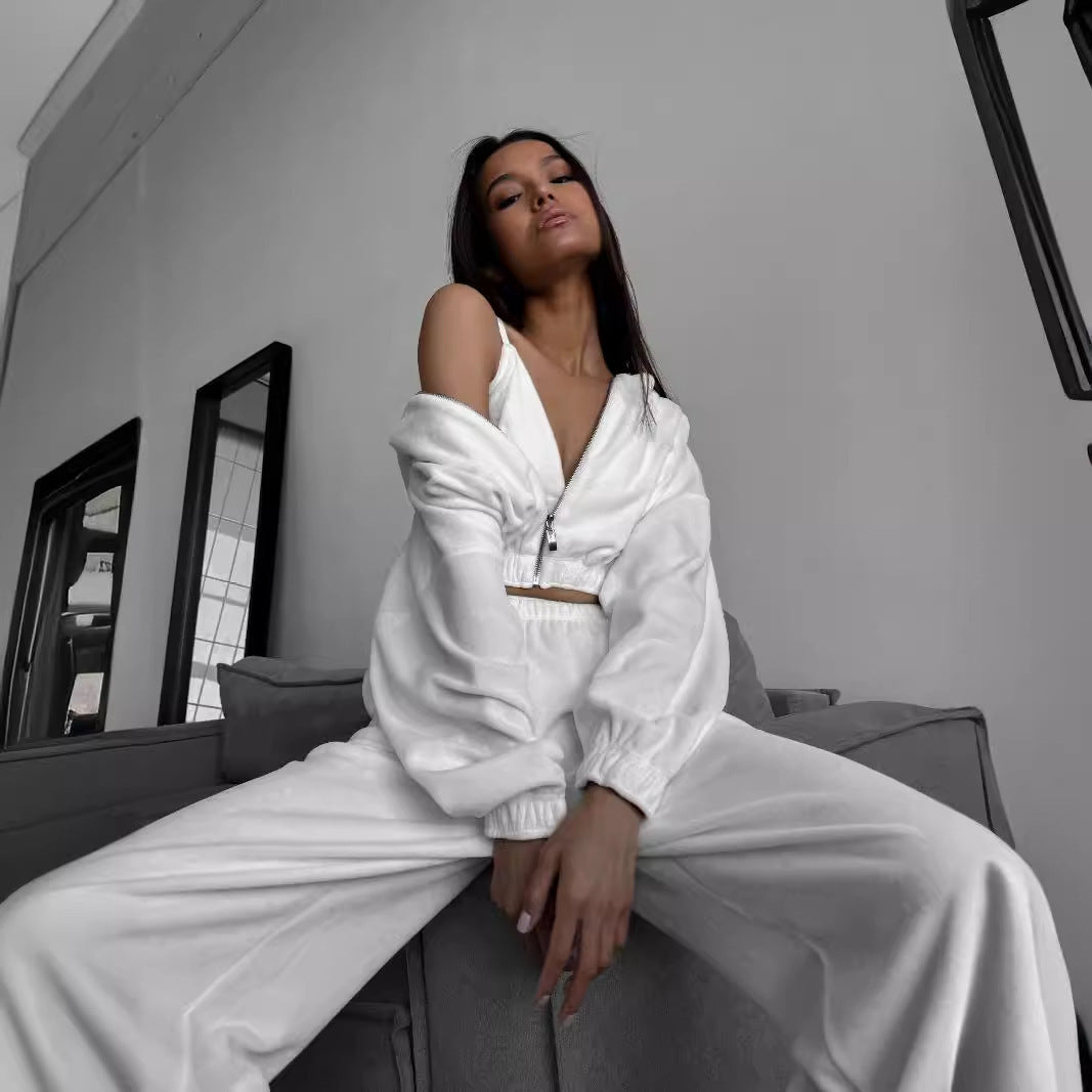 Damen Velours-Lounge-Set mit kurzem Reißverschluss-Hoodie, elastischer High-Waist-Jogginghose und Bustier EB