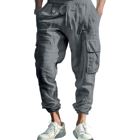 Herren nan lässige Leinen-Cargo-Jogger mit Kordelbund, großen Klapptaschen und elastischem Knöchelabschluss EB