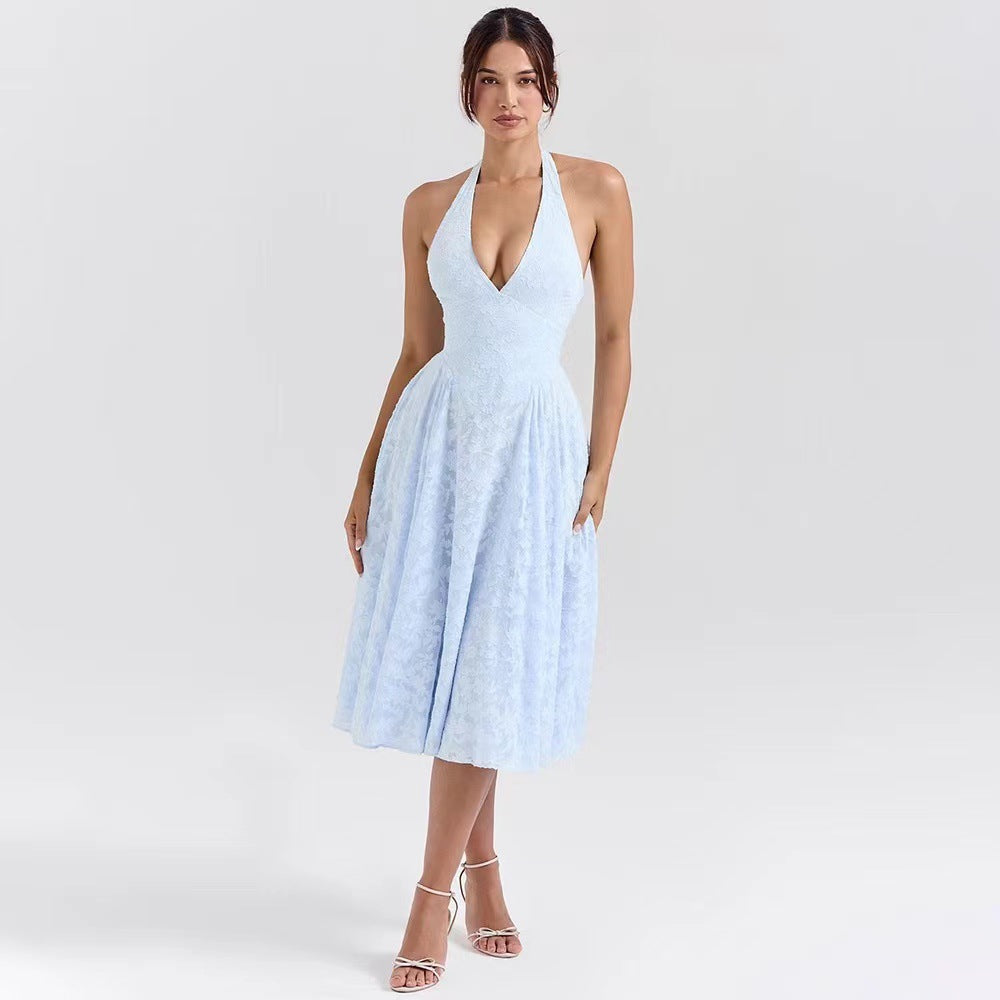 Damen Elegantes Midikleid mit tiefem V-Ausschnitt und schwingendem Rock EB