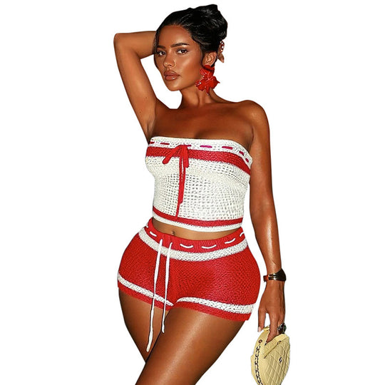 Damen Knitted Bandeau Set mit Shorts und verstellbarem Kordelzug EB