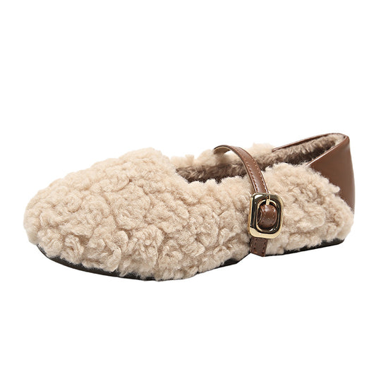 Damen Fleece Hausschuhe mit modischem Riemen und Warmfutter EB