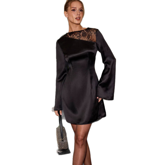 Damen Chiffon Minikleid mit elegantem Spitzenbesatz und voluminösen Ärmeln EB