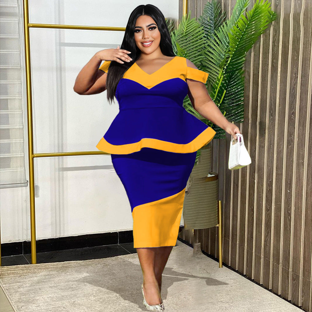 Damen Figurbetontes Peplum Kleid mit asymmetrischen Farbakzenten EB