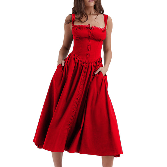 Damen Maxi-Kleid mit knöpfbarem Oberteil und schwingendem Rock EB