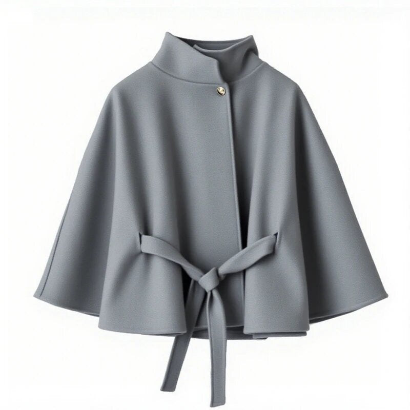 Damen elegante Umhangjacke mit Bindegürtel und hochgeschlossenem Kragen EB