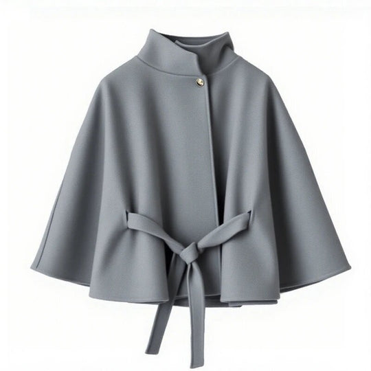 Damen elegante Umhangjacke mit Bindegürtel und hochgeschlossenem Kragen EB