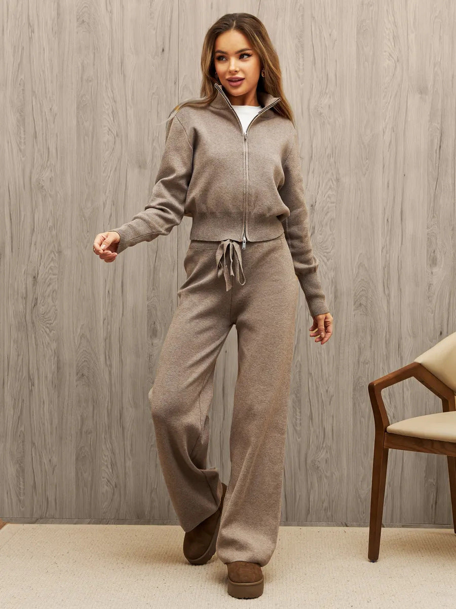 Damen nan gestricktes Loungewear-Zweiteiler mit kurzem Reißverschluss-Cardigan und weitem Highwaist-Hosenbein EB
