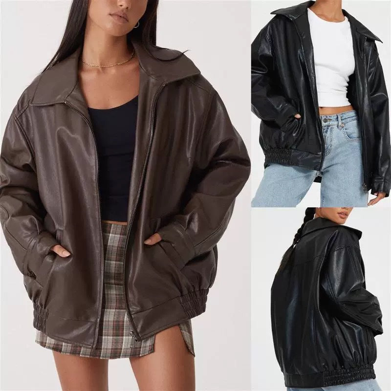 Damen Oversize Kunstleder Blouson mit Reißverschluss und elastischem Saum EB