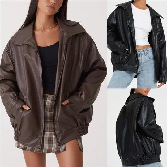 Damen Oversize Kunstleder Blouson mit Reißverschluss und elastischem Saum EB