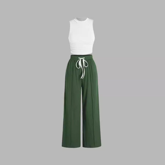 Damen lässiges Oberteil und weit geschnittene Hose Set EB