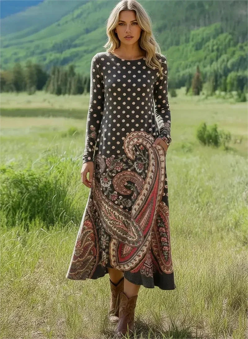 Damen Maxikleid mit Paisley‑ und Polka‑Dot‑Print, langärmeliges A‑Linien‑Jerseykleid EB