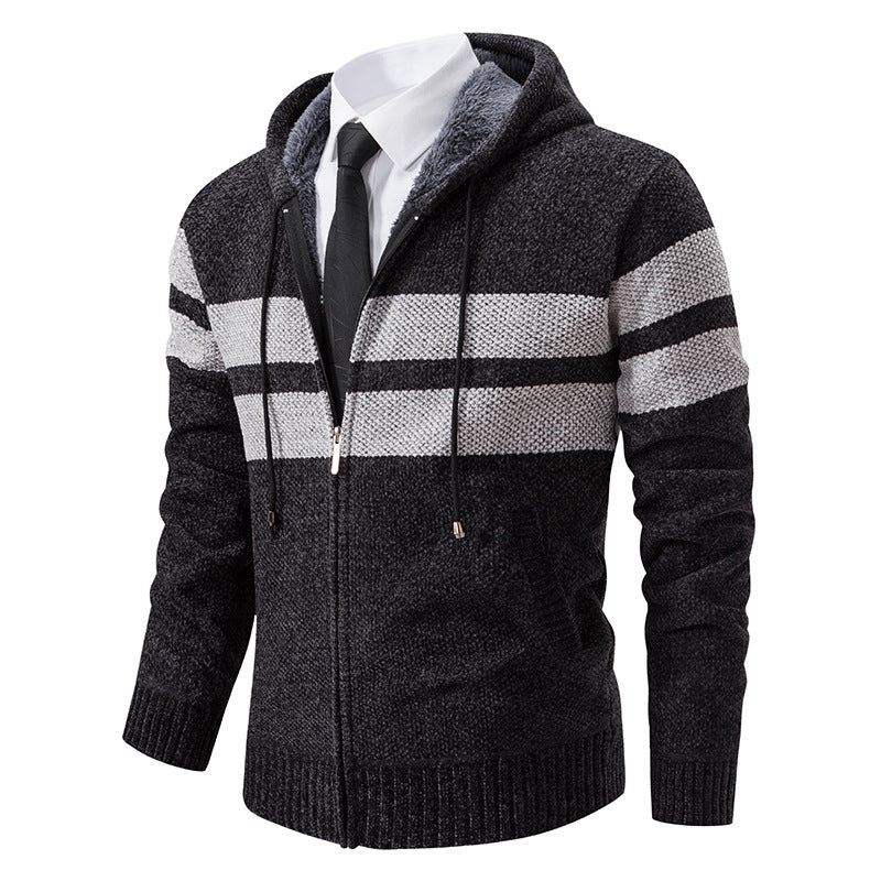 Herren nan gestrickte Kapuzenjacke mit Teddyfutter, verdecktem Reißverschluss und kontrastreifen EB