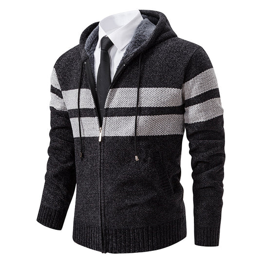 Herren nan gestrickte Kapuzenjacke mit Teddyfutter, verdecktem Reißverschluss und kontrastreifen EB