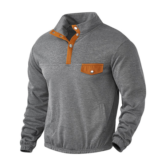 Herren nan Stehkragen-Henley-Sweatshirt mit Druckknopfleiste und aufgesetzter Brusttasche EB