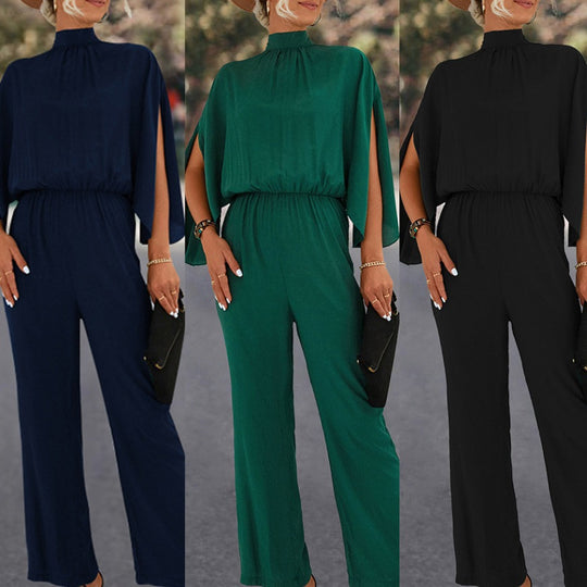 Damen Eleganter Jumpsuit mit fließendem Cape-Design und hochgeschlossenem Ausschnitt EB