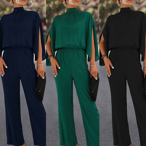 Damen Eleganter Jumpsuit mit fließendem Cape-Design und hochgeschlossenem Ausschnitt EB