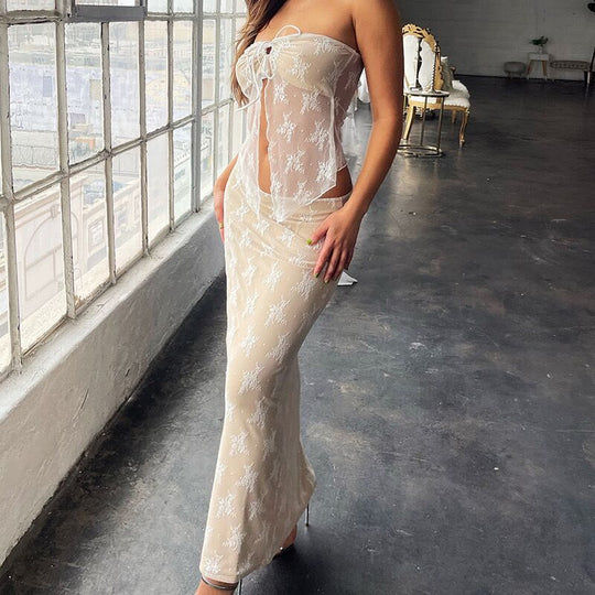 Damen transparenter Spitzen-Maxi-Rock EB
