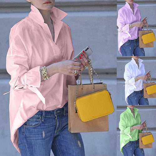 Damen lässige Overshirt-Bluse mit hohen Kragen und modernen Bindegürteln EB