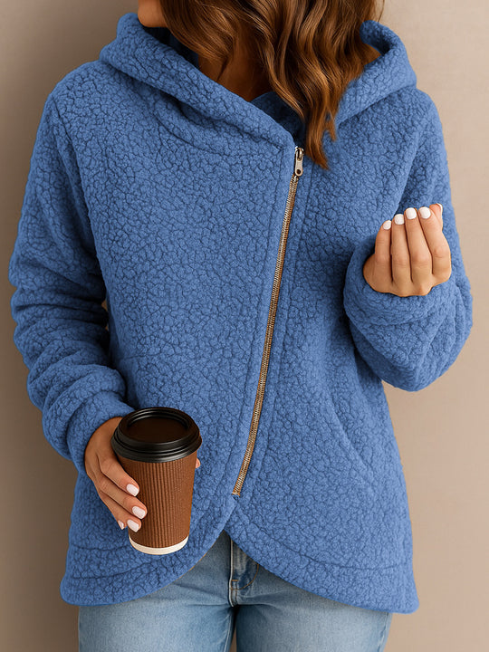 Damen Flauschige Kapuzenjacke mit asymmetrischem Reißverschluss EB