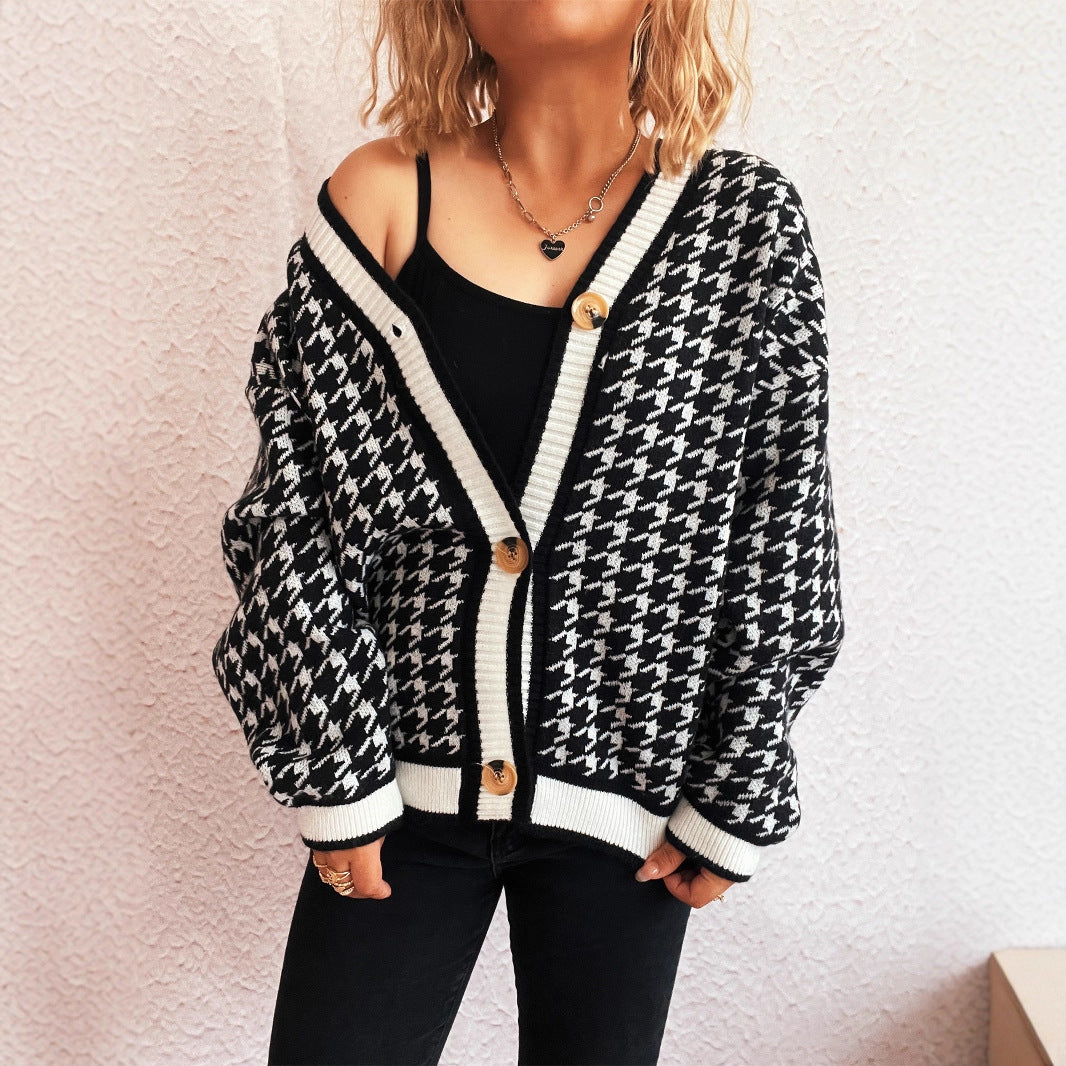 Damen lässiger Strickcardigan mit modischem Hahnentritt-Muster und Holzknöpfen EB