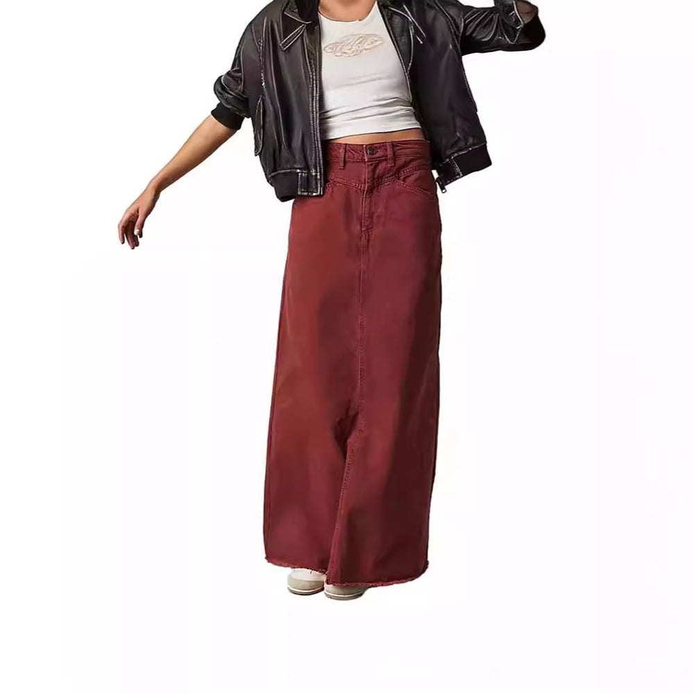 Damen Langer Denim-Rock mit hohem Bund und praktischen Taschen EB