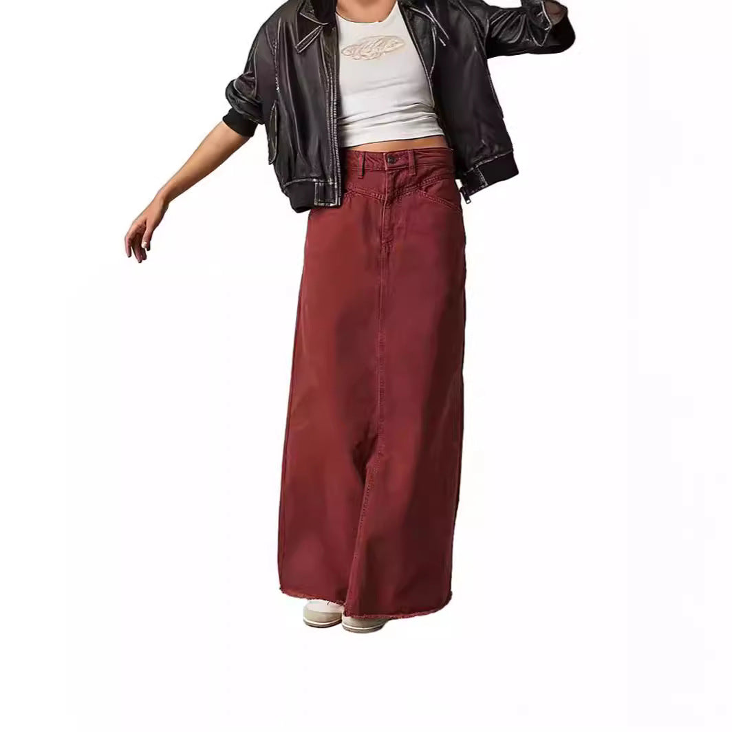 Damen Langer Denim-Rock mit hohem Bund und praktischen Taschen EB