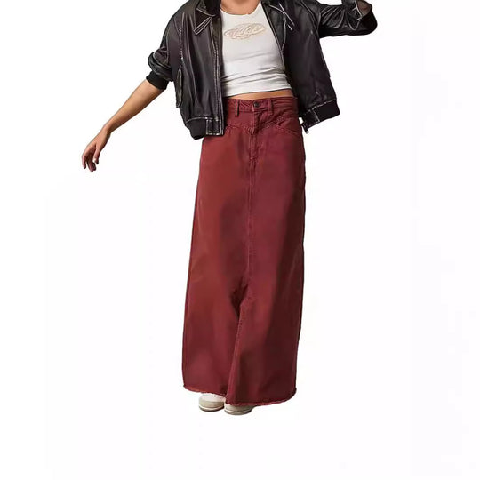 Damen Langer Denim-Rock mit hohem Bund und praktischen Taschen EB