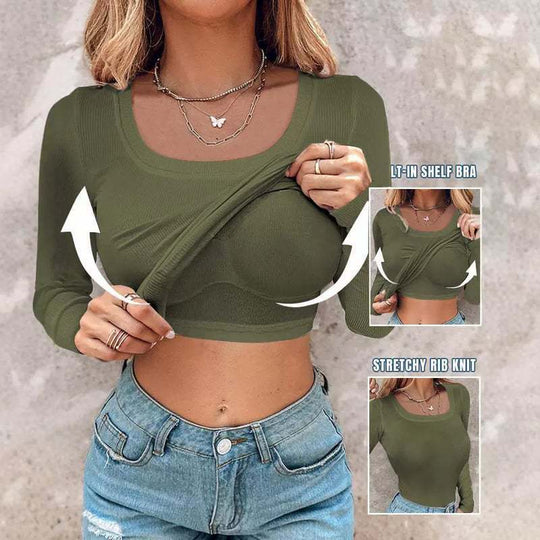 Damen Langarm Crop Top mit eingearbeitetem BH und elastischer Rippenstruktur EB