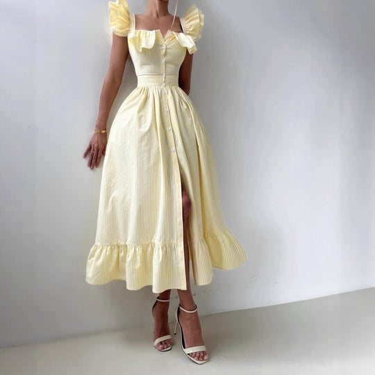 Damen Rüschensommerkleid mit Knopfdetails und weitem Rock EB