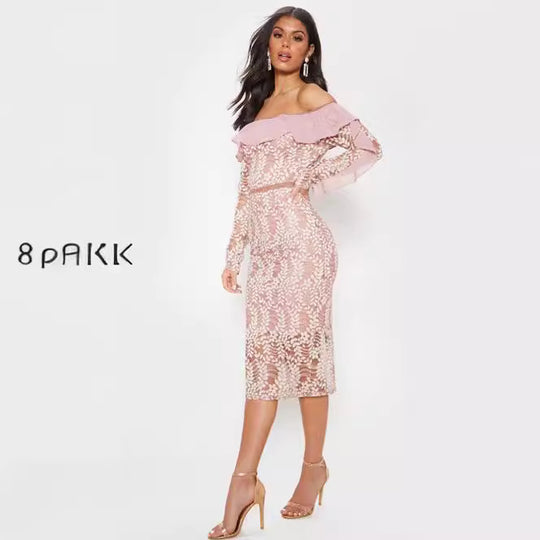 Damen Figurbetontes Spitzenkleid mit schulterfreiem Design und Rüschendetails EB