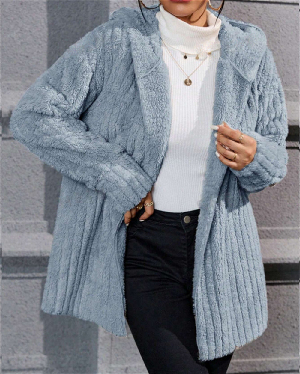 Damen lässige Fleecejacke mit strukturiertem Design und Kapuze EB