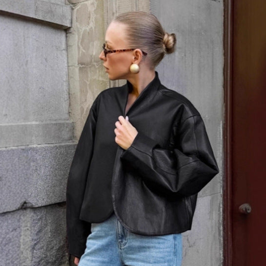 Damen modische Cropped Jacke mit voluminösen Ärmeln EB