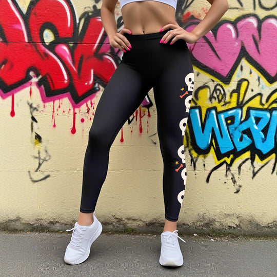 Damen Leggings mit stylischem Totenkopf-Motiv und hohem Bund EB