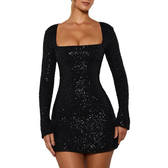 Damen Glitzerndes Minikleid mit langem Arm und elegantem U-Bootausschnitt EB