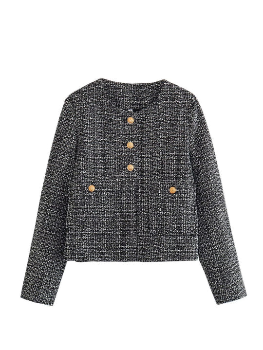 Damen Kurze Tweedjacke mit dekorativen Knöpfen EB