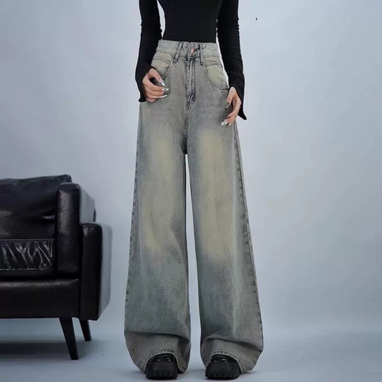 Damen trendige Baggy-Jeans mit hohem Bund und weiten Beinen EB