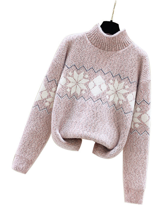 Damen kuscheliger Pullover mit hochgelegtem Kragen und winterlichem Motiv EB