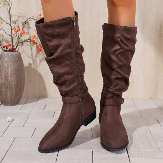 Damen kniehoher Slouch-Stiefel aus weichem Microvelours mit Ziergurt und niedrigem Blockabsatz EB
