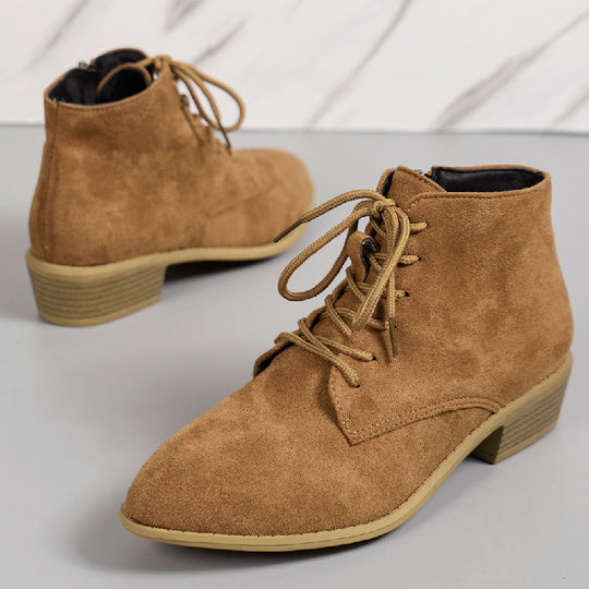 Damen nan knöchelhohe Schnürstiefelette aus Veloursoptik mit seitlichem Reißverschluss und niedrigem Blockabsatz EB