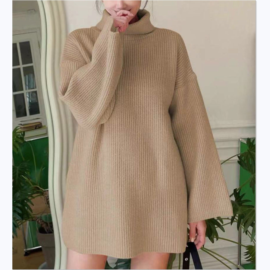 Damen Langer Strickpullover mit hohem Kragen und weit ausgestellten Ärmeln EB