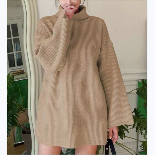 Damen Langer Strickpullover mit hohem Kragen und weit ausgestellten Ärmeln EB